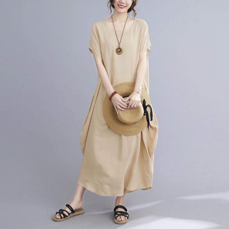 NTG Fad Light khaki / One size New solid color cotton and linen loose long dress
