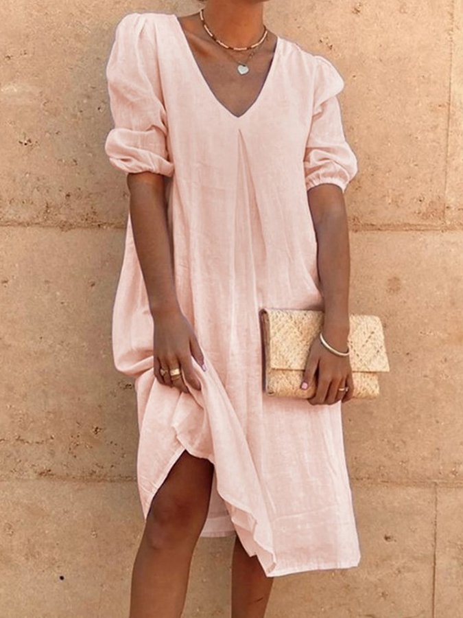 NTG Fad Light Pink / S Ladies Cotton Linen Solid Color Fashion Casual Dress
