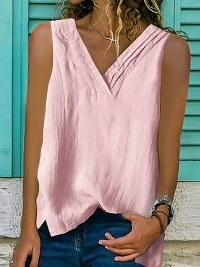 NTG Fad Light Pink / S Ladies Cotton Linen V-Neck Hem Bifurcated Sleeveless Shirt