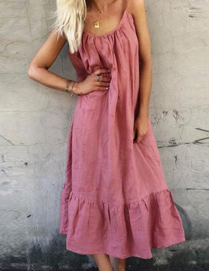 NTG Fad Light Pink / S Women's Cotton Hemp Suspender Solid Color Ruffle Dress