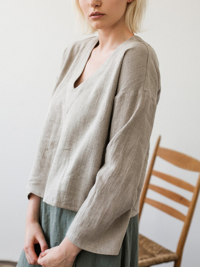 NTG Fad Linen Cotton V-neck Top- Handmade