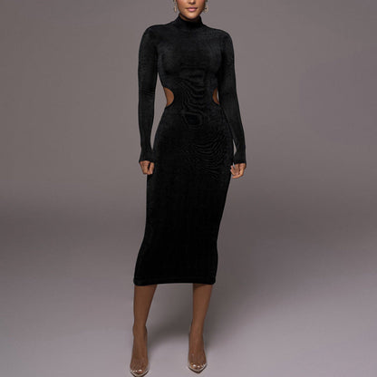NTG Fad Long-sleeved, high-neck, waist-revealing slim-fitting long skirt