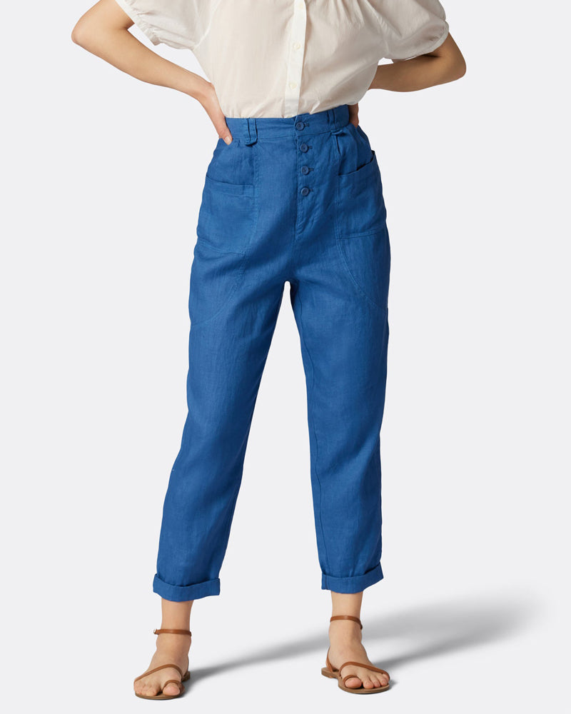 NTG Fad M / Blue Casual Comfort Solid Linen Tapered Pants-(Hand Make)