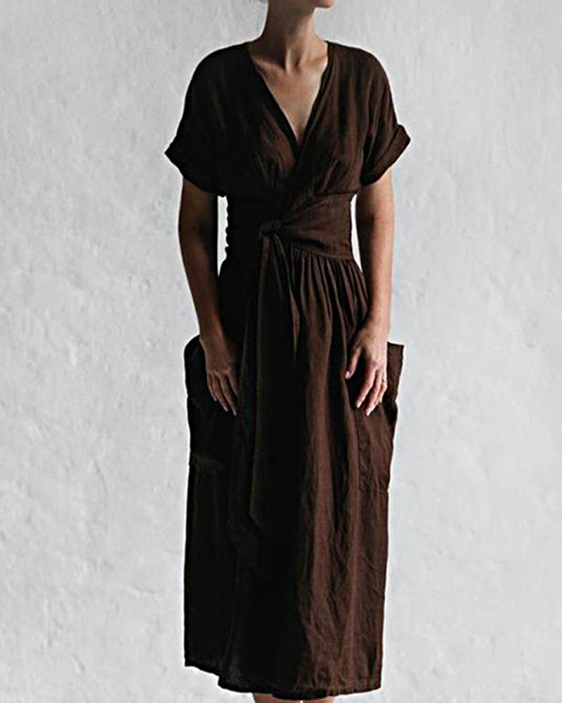 NTG Fad Maxi Dresses Brown / S(4-6) V Neck Short Sleeve Pleated A-Line Drawstring Dress