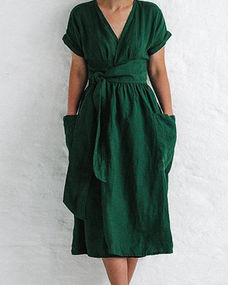 NTG Fad Maxi Dresses Green / S(4-6) V Neck Short Sleeve Pleated A-Line Drawstring Dress