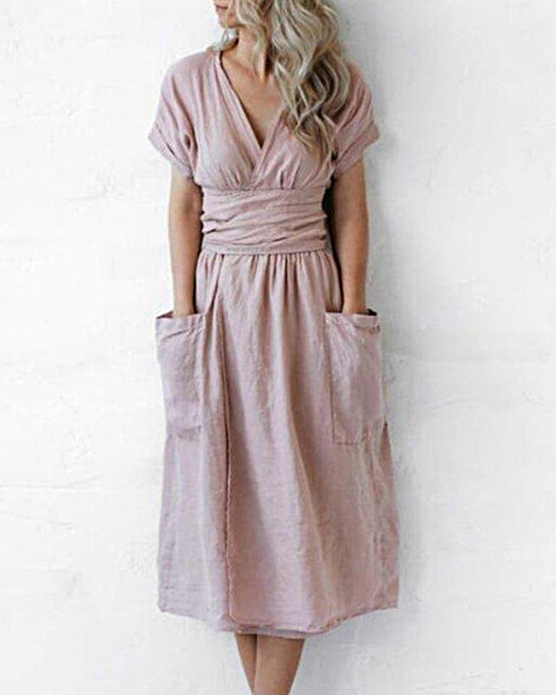 NTG Fad Maxi Dresses Pink / S(4-6) V Neck Short Sleeve Pleated A-Line Drawstring Dress