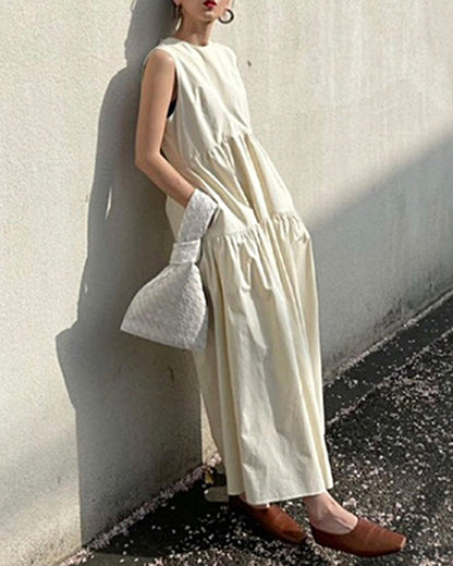 NTG Fad Maxi Dresses Sleeveless A-line Pleated Round Neck Mid-length Dresses