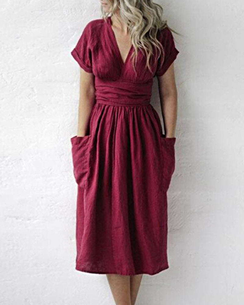 NTG Fad Maxi Dresses Wine Red / S(4-6) V Neck Short Sleeve Pleated A-Line Drawstring Dress