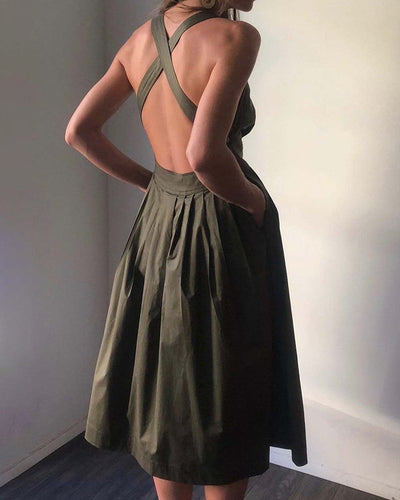 NTG Fad Midi Dresses Dark Green / S(4-6) Solid Color Sleeveless Backless Midi Dress