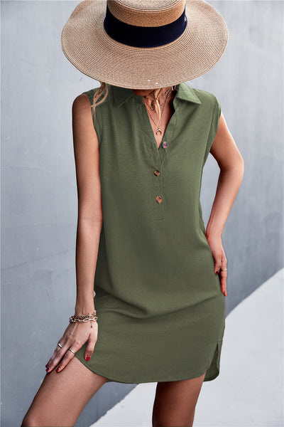 NTG Fad Mini Dresses Army Green / S V-Neck Button Sleeveless Cotton Linen Dress