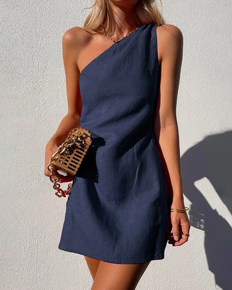 NTG Fad Mini Dresses Navy blue / S(4-6) One Shoulder Mini Dress Summer Casual Sleeveless Dress