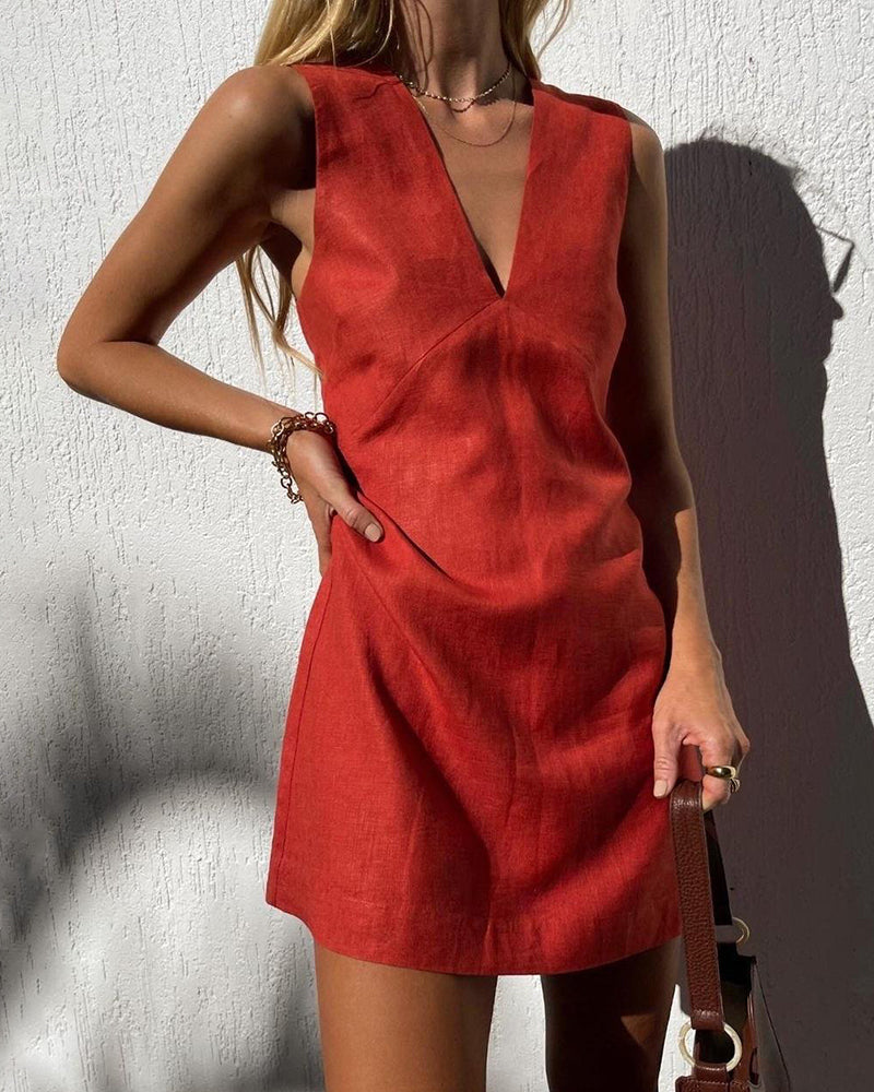 Linen Sleeveless Slim V-neck Vest Dress – NTGFad