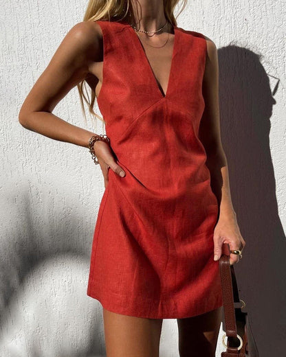 Linen Sleeveless Slim V-neck Vest Dress NTGFad Linen Sleeveless Slim V-neck Vest Dress NTGFad