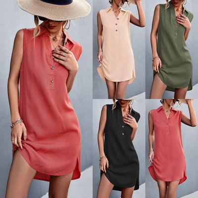 NTG Fad Mini Dresses V-Neck Button Sleeveless Cotton Linen Dress