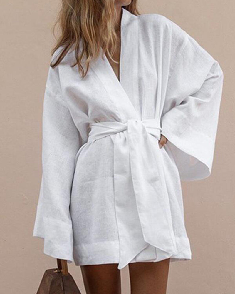 NTG Fad Mini Dresses White / S(4-6) Drawstring Cardigan V Neck Flared Long Sleeve Blouse Tunic