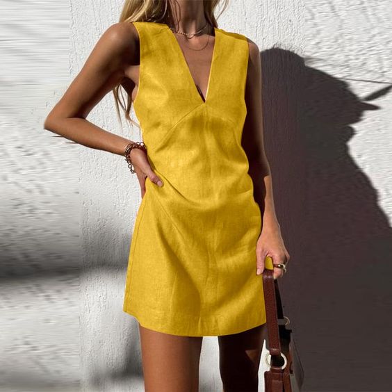 NTG Fad Mini Dresses Yellow / S(4-6) Cotton Linen Sleeveless Slim V-neck Vest Dress