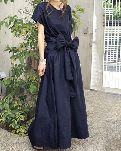 NTG Fad Navy / M Solid Color Simple Short-sleeved Long Dress