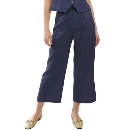 NTG Fad Navy / S 100% Linen Women Linen High Waisted Trousers