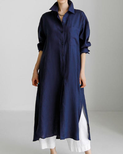 NTG Fad Navy / S Casual Solid Color Shirt Cotton Linen Slit Dress
