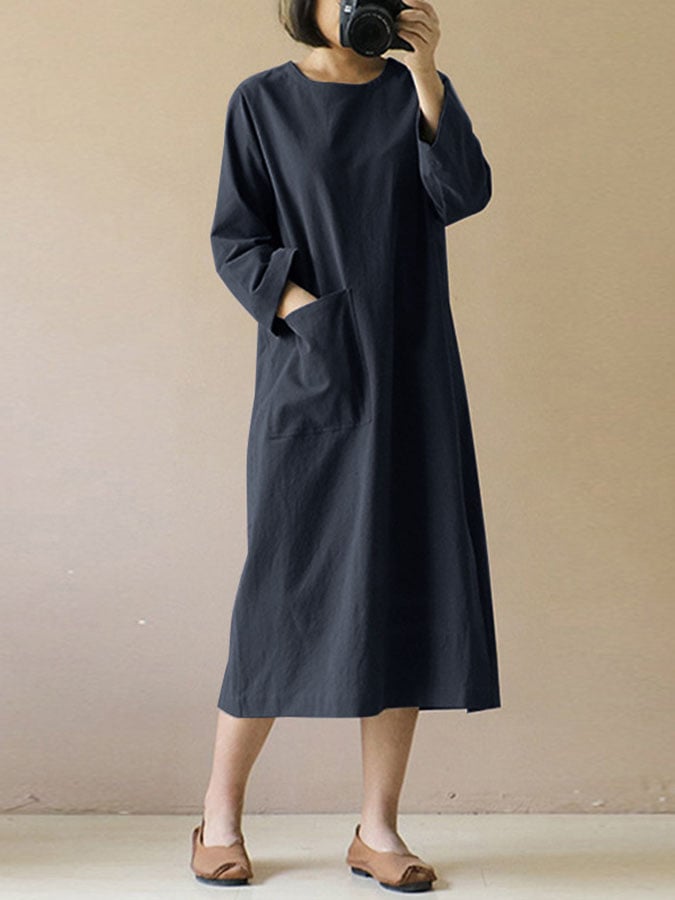 NTG Fad Navy / S Cotton Linen V-Neck Pocket Dress