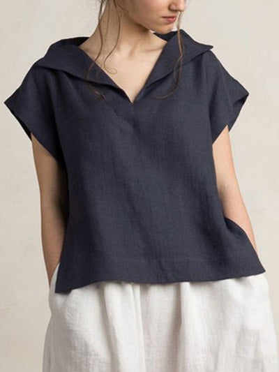 NTG Fad Navy / S Ladies Cotton Linen V-Neck Simple Shirt