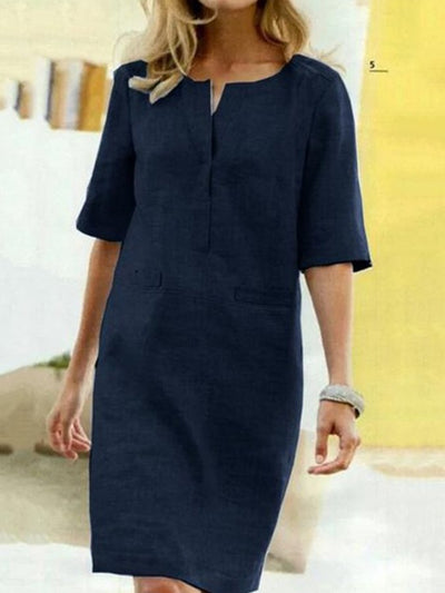 NTG Fad Navy / S Women's Cotton Linen Short Sleeve Dress