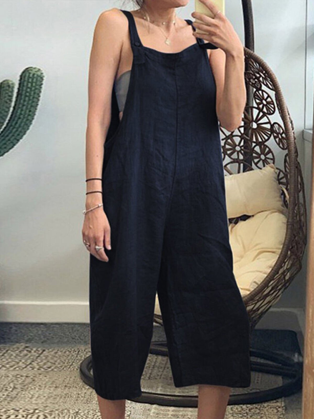 NTG Fad Navy / S Women's Pure Color Cropped Wide Leg Overalls