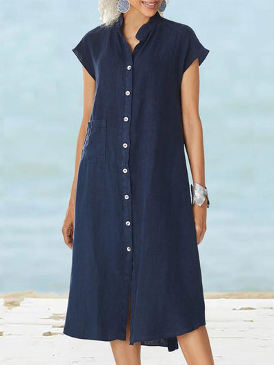NTG Fad Navy / S Women's Solid Color Elegant Single-Breasted Cotton Linen Dress