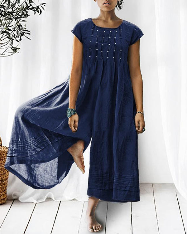NTG Fad Navy / XS Solid Relaxed Loose Pleated Linen Jumpsuit