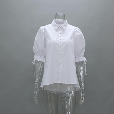NTG Fad New Puff Sleeve Lace Loose Cotton Linen Short-sleeved Casual Shirt