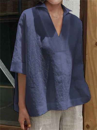 NTG Fad NTG Fad Dark Blue / 2XL V-neck cotton and linen all-match loose sleeve shirt