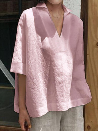 NTG Fad NTG Fad Pink / 4XL V-neck cotton and linen all-match loose sleeve shirt