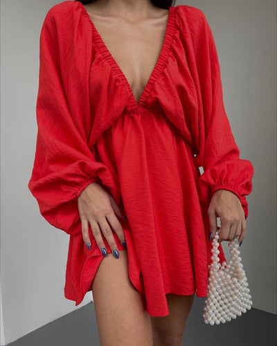 NTG Fad NTG Fad Red / S New V-neck Puff Sleeve Swing Skirt Dress