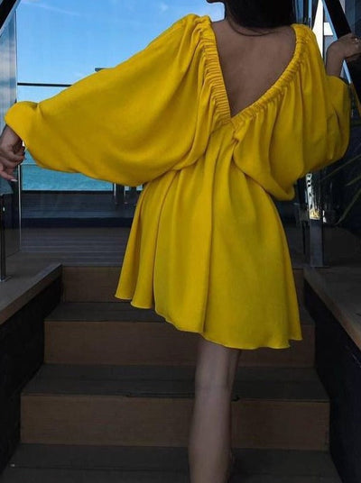 NTG Fad NTG Fad Yellow / S New V-neck Puff Sleeve Swing Skirt Dress