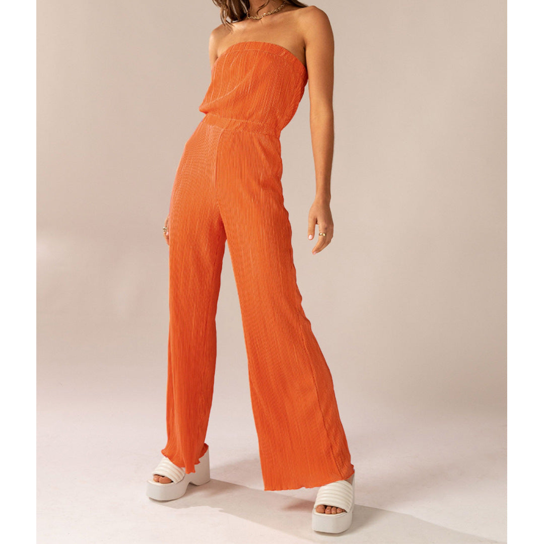 NTG Fad Orange / S Comfortable pleated fabric bust-swinging wide-leg jumpsuit