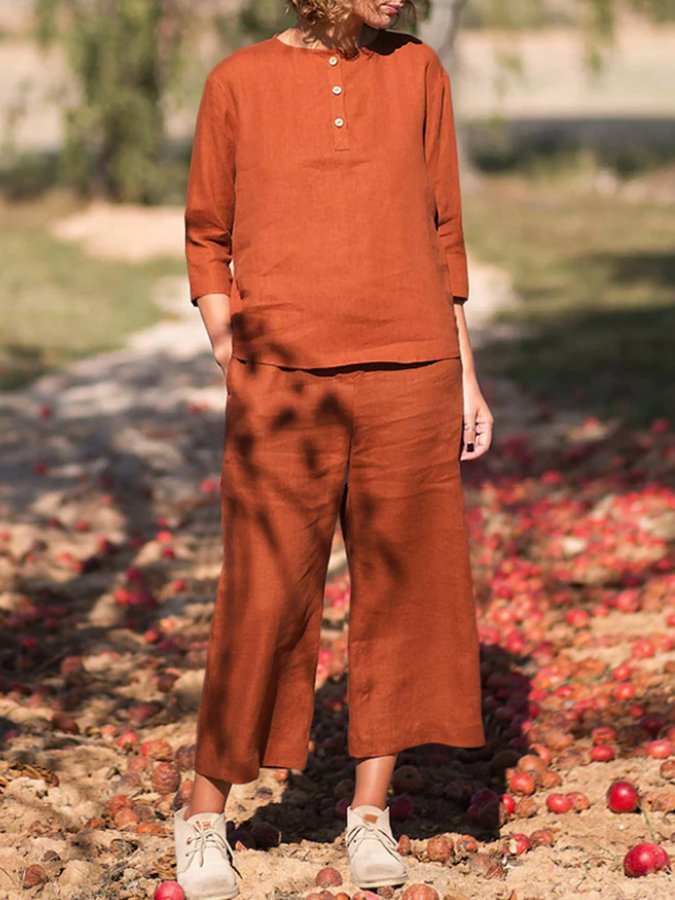 NTG Fad Orange / S Women's Casual Solid Color Cotton Linen Set