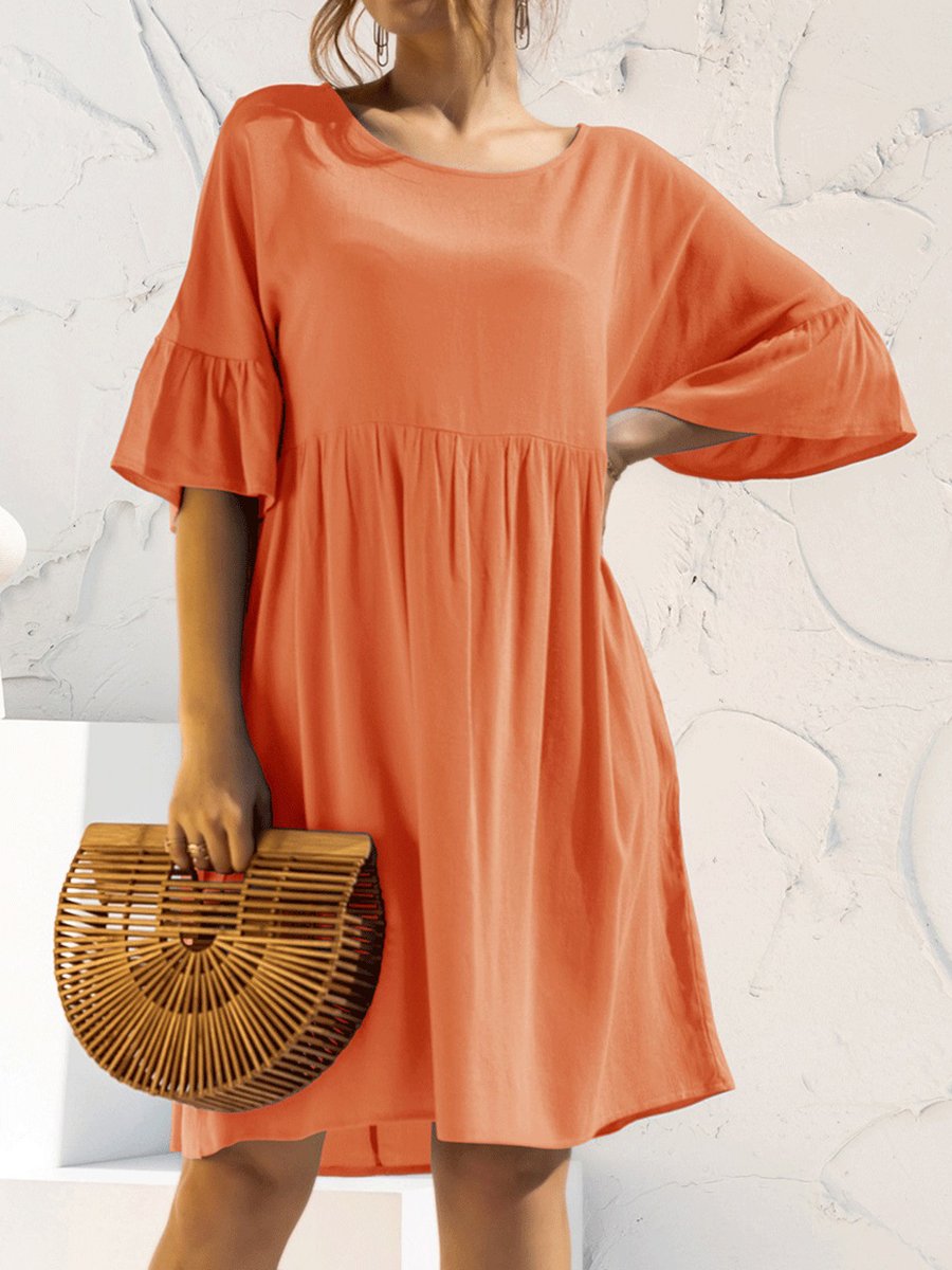 NTG Fad Orange / S Women's Solid Color Flared Sleeve Pleated Cotton Linen Dress