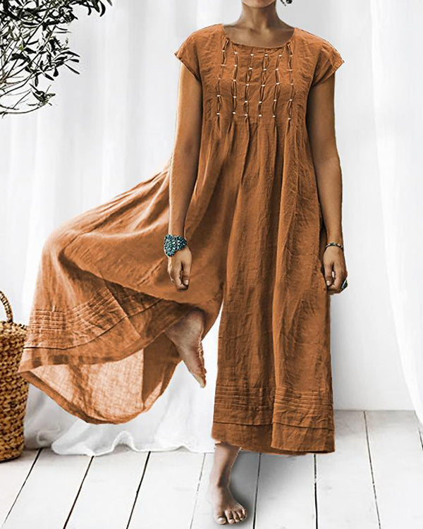NTG Fad Orange / XS Solid Relaxed Loose Pleated Linen Jumpsuit