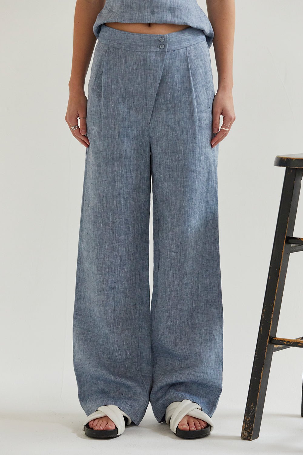 NTG Fad Pants Blue / S Linen Wide Leg Pants-（Hand Made）