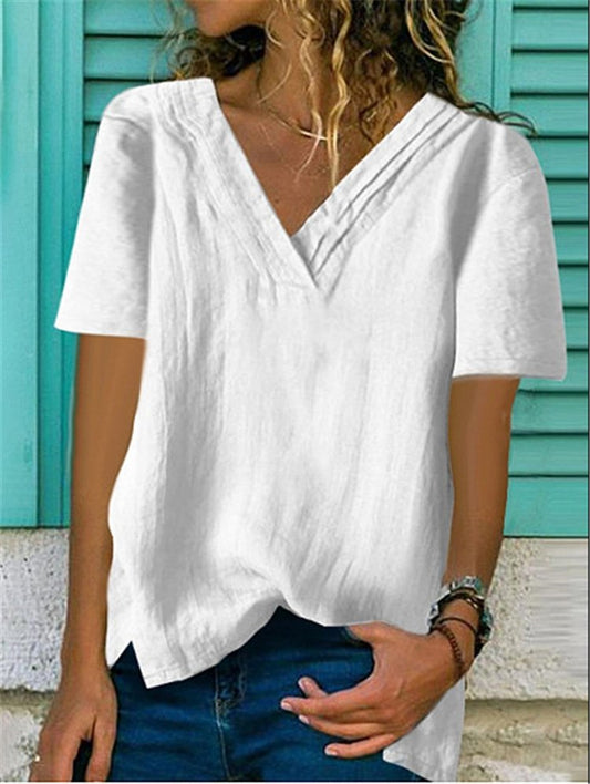 NTG Fad Picture 1 / S Women's Big V Neck Short Sleeve Hem Bifurcated Multi-layer Collar Pleated T-Shirt Top