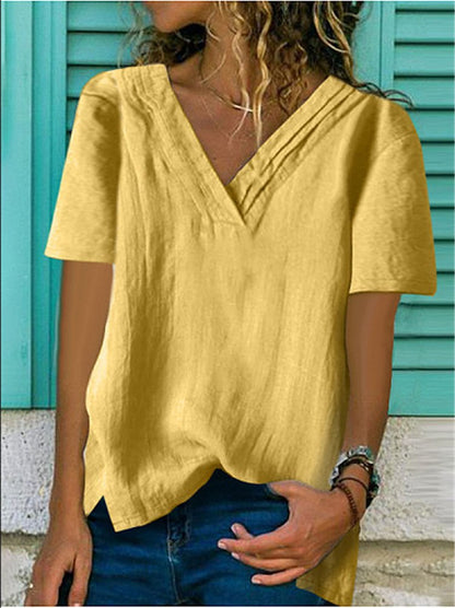 NTG Fad Picture 2 / S Women's Big V Neck Short Sleeve Hem Bifurcated Multi-layer Collar Pleated T-Shirt Top