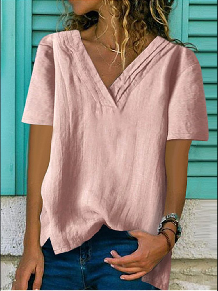 NTG Fad Picture 3 / S Women's Big V Neck Short Sleeve Hem Bifurcated Multi-layer Collar Pleated T-Shirt Top
