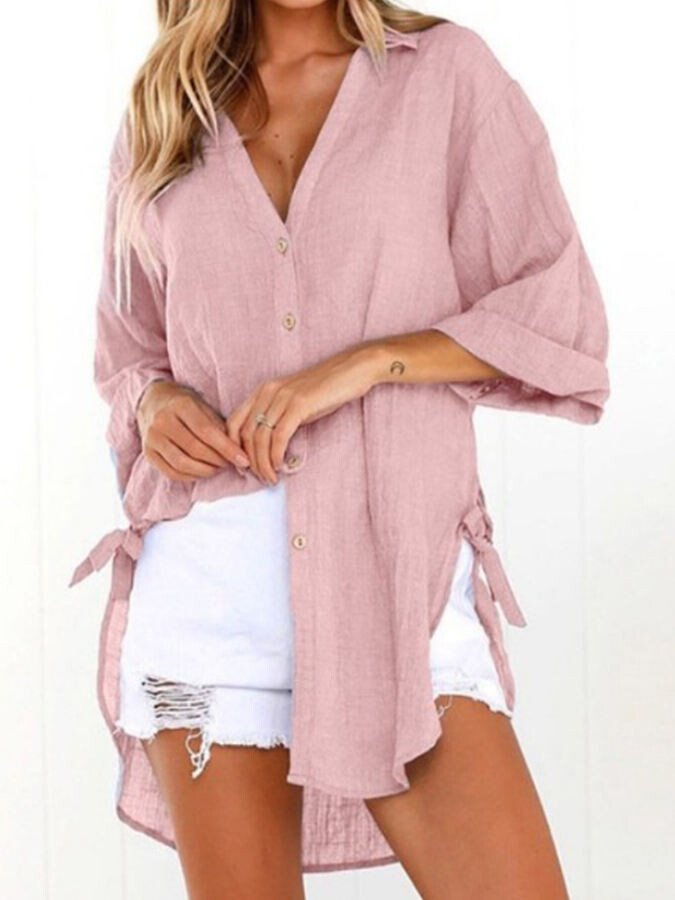 NTG Fad Pink / M Ladies Cotton Linen Irregular Casual Shirt