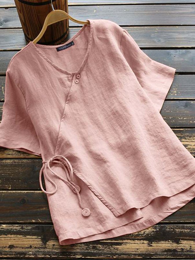 NTG Fad Pink / M Women's Cotton Linen Solid Color Lace-Up Button-Up Shirt