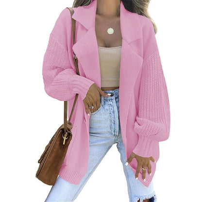 NTG Fad Pink / S Cardigan Sweater Solid Color Suit Collar Long Sleeve Knitted Jacket
