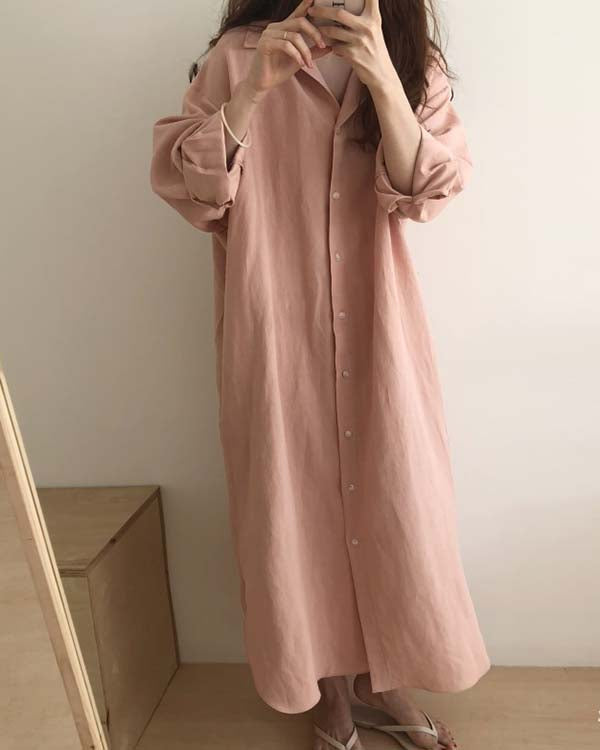 NTG Fad Pink / S Casual Loose Solid Color Cotton Linen Shirt Dress