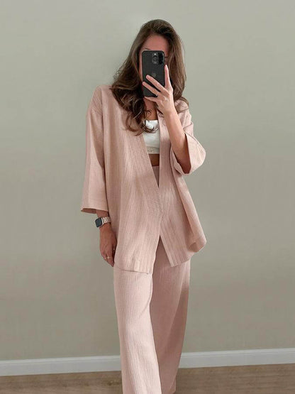 NTG Fad Pink / S Cotton Cardigan Tie Robe Pajama Set