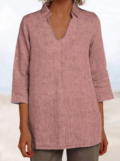 NTG Fad Pink / S Ladies V-Neck Loose Casual Cotton Linen Shirt
