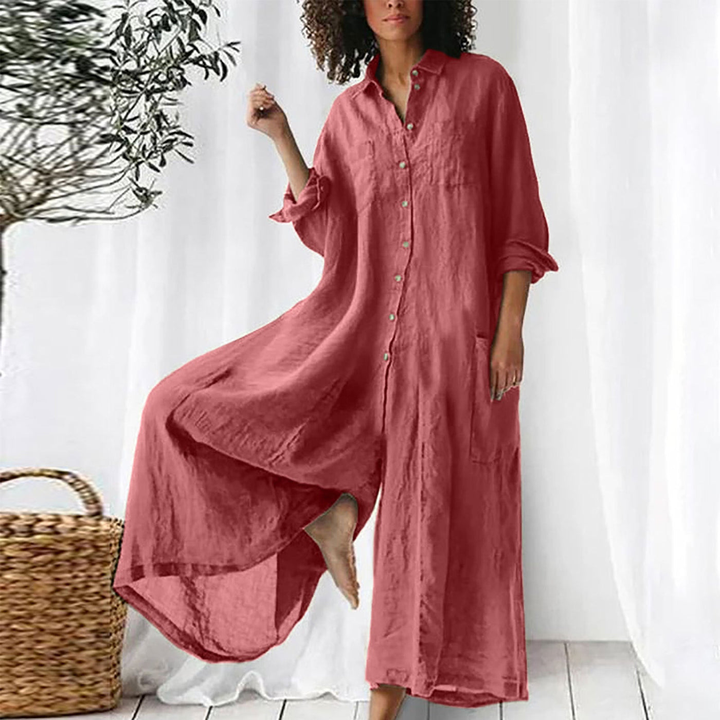 NTG Fad Pink / S Linen Cotton Loose Casual Loose Jumpsuit
