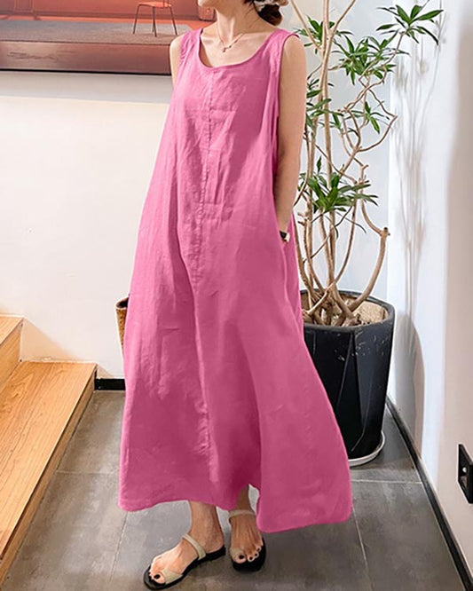 NTG Fad Pink / S Linen Loose Crew Neck Sleeveless Dress